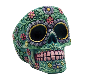 Blue Sugar Skull Polyresin Ashtray with Floral Design, Front View, 3.5" Size