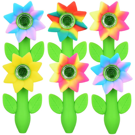 Eyce Sunflower Silicone Hand Pipes, 4.75" Bundle of 6, Vibrant Colors, Front View