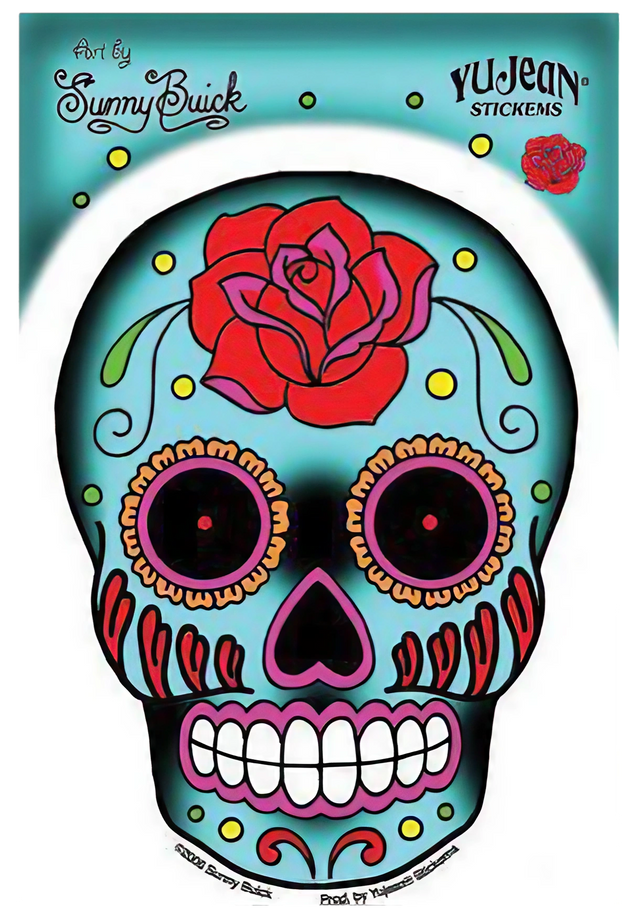 Sunny Buick Rose Tattoo Skull Sticker by Yujean, vibrant blue with red rose design