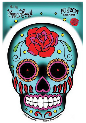 Sunny Buick Rose Tattoo Skull Sticker by Yujean, vibrant blue with red rose design