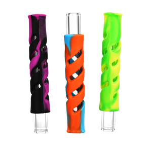 Assorted Swirled Silicone Wrapped Glass Taster Chillums in 4" Size for Dry Herbs