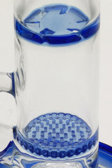 Close-up of TAG 10" bong with blue honeycomb percolator and spinning splash guard