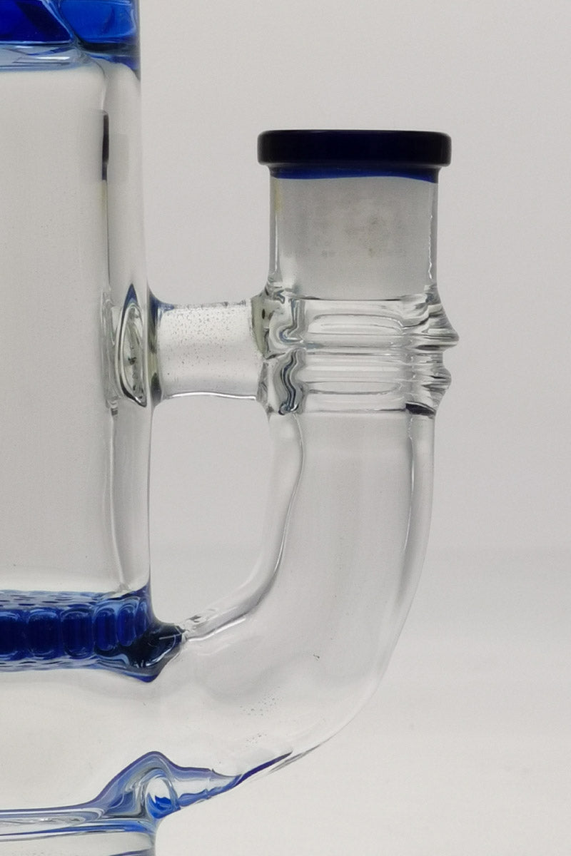 Close-up side view of TAG 10" bong with blue honeycomb percolator, 14MM female joint, and clear glass