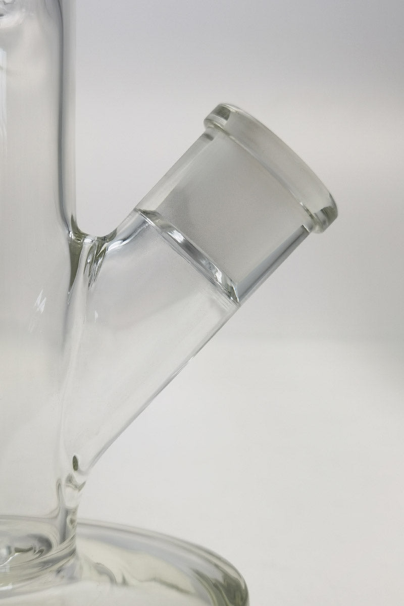Close-up of TAG 10" Straight Tube Bong with 18/14MM Downstem, clear glass, side view