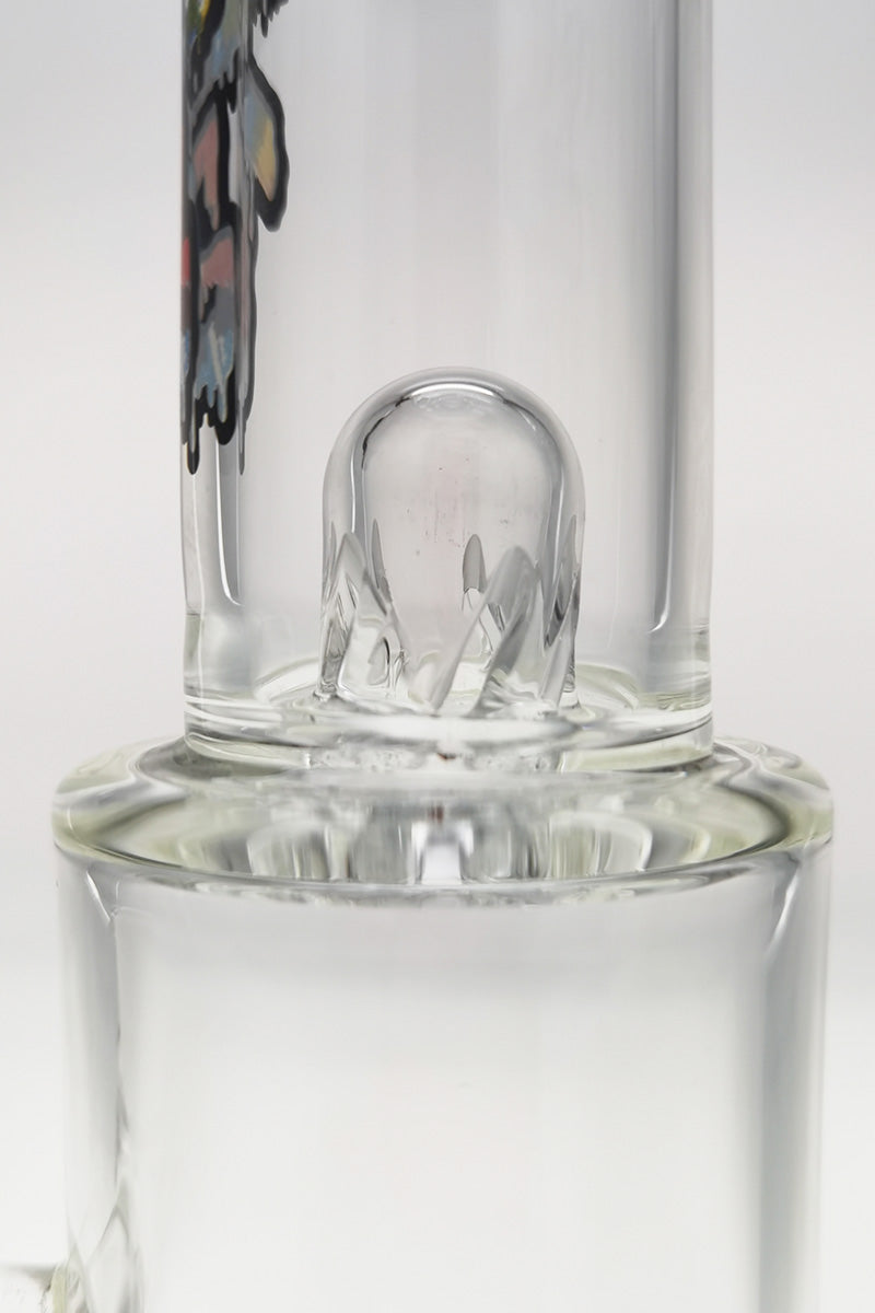 Close-up of TAG 10.5" Double Super Slit Matrix Bellow Bong with clear glass and tie-dye accents