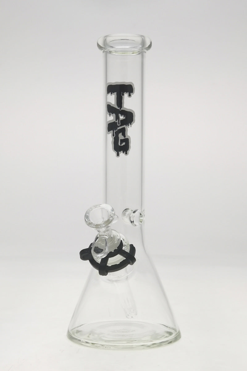 TAG 12" Clear Beaker Bong with Black Logo, 44x4MM Thick Glass, Front View on White Background