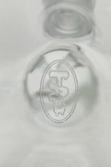 Close-up of TAG logo on 12" Beaker Bong made by Thick Ass Glass, clear quartz quality