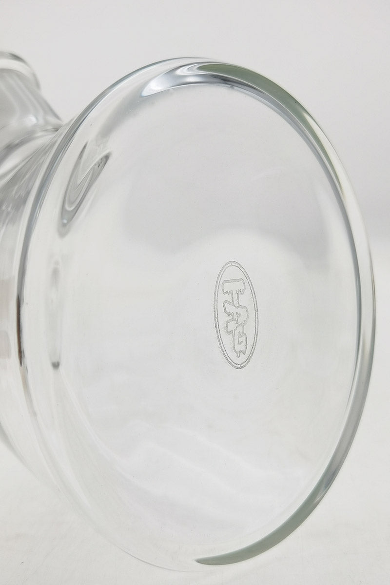 Close-up of TAG 12" Beaker Bottom showing the Thick Ass Glass logo and clear glass quality
