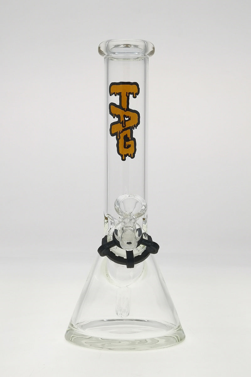 TAG 12" Beaker Bong Clear with Black Logo, 44x4MM Glass, Front View on White Background