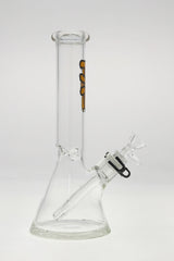 Clear TAG 12" Beaker Bong with 44x4MM thickness and 18/14MM Downstem, front view on white background