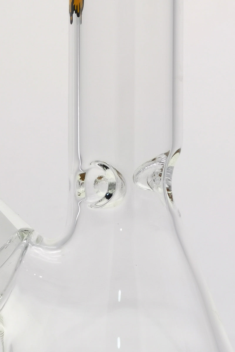 Close-up of TAG 12" Beaker Bong in clear glass, showing 44x4MM thickness and 18/14MM downstem