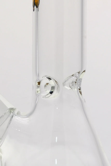 Close-up of TAG 12" Beaker Bong in clear glass, showing 44x4MM thickness and 18/14MM downstem