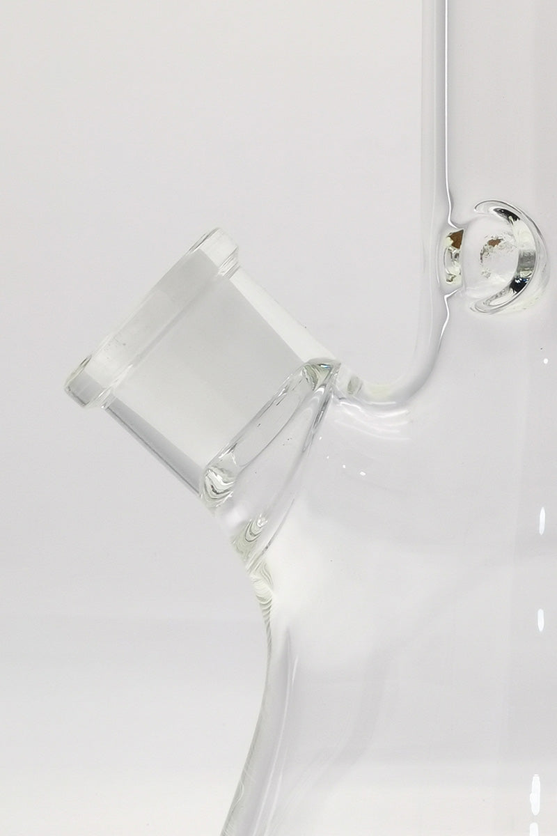 Close-up of TAG 12" Beaker Bong with 18/14MM Downstem, clear glass, side angle view