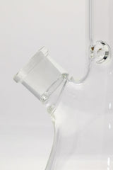 Close-up of TAG 12" Beaker Bong with 18/14MM Downstem, clear glass, side angle view