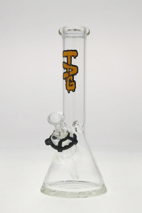 Clear TAG 12" Beaker Bong with 44x4MM thickness and 18/14MM Downstem, front view on white background