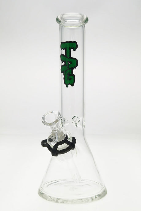 TAG 12" Clear Beaker Bong with Wavy Green Label and 18/14MM Downstem Front View