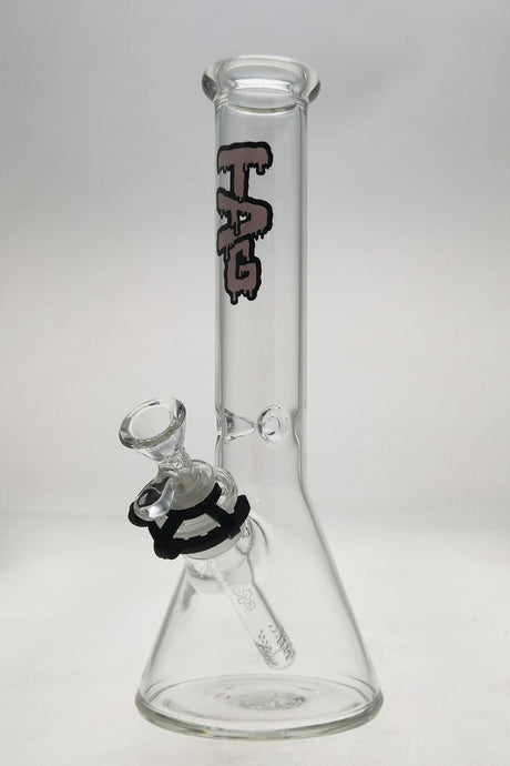 TAG 12" Beaker Bong in Clear with Wavy Purple Label, 44x4MM glass, 18/14MM Downstem, front view