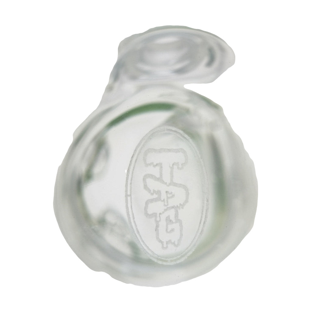 Close-up of TAG 12" Beaker Bong logo on 50x7MM clear glass with 18/14MM downstem