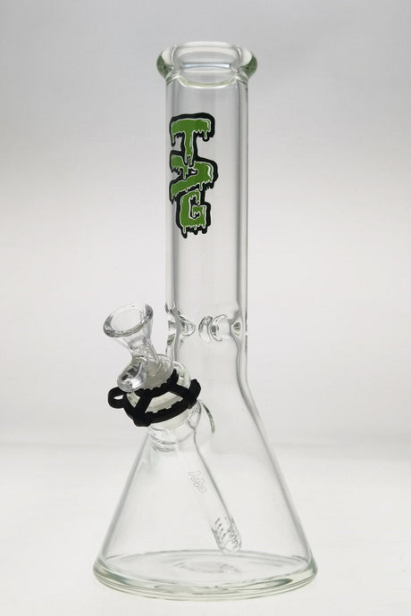 TAG 12" Beaker Bong with Slyme Label, Clear Glass, 50x7MM, Front View on Seamless White