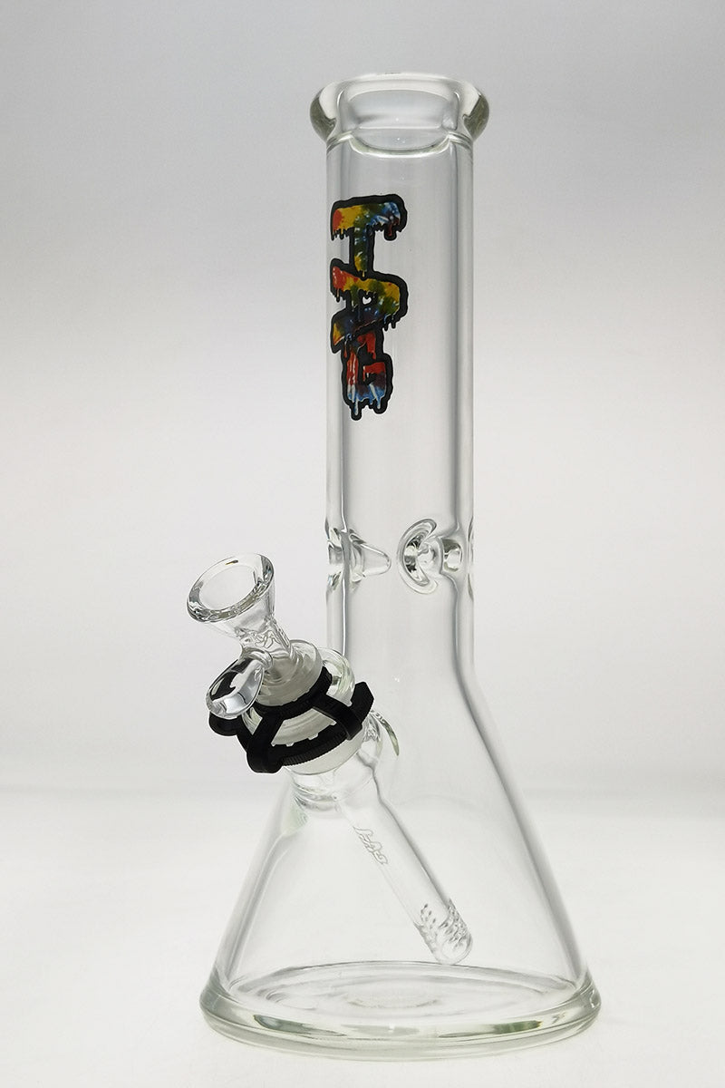 TAG clear beaker bong 12" with tie-dye logo, 50x7MM thick glass, 18/14MM downstem, front view