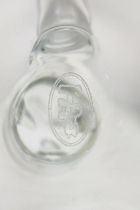 Close-up view of TAG 12" Beaker Bong's 18/14MM downstem with clear glass and logo detail