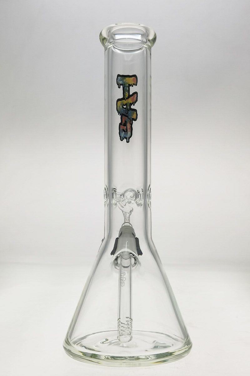 Clear TAG 12" Beaker Bong with 50x7MM thickness and 18/14MM Downstem, front view on white background