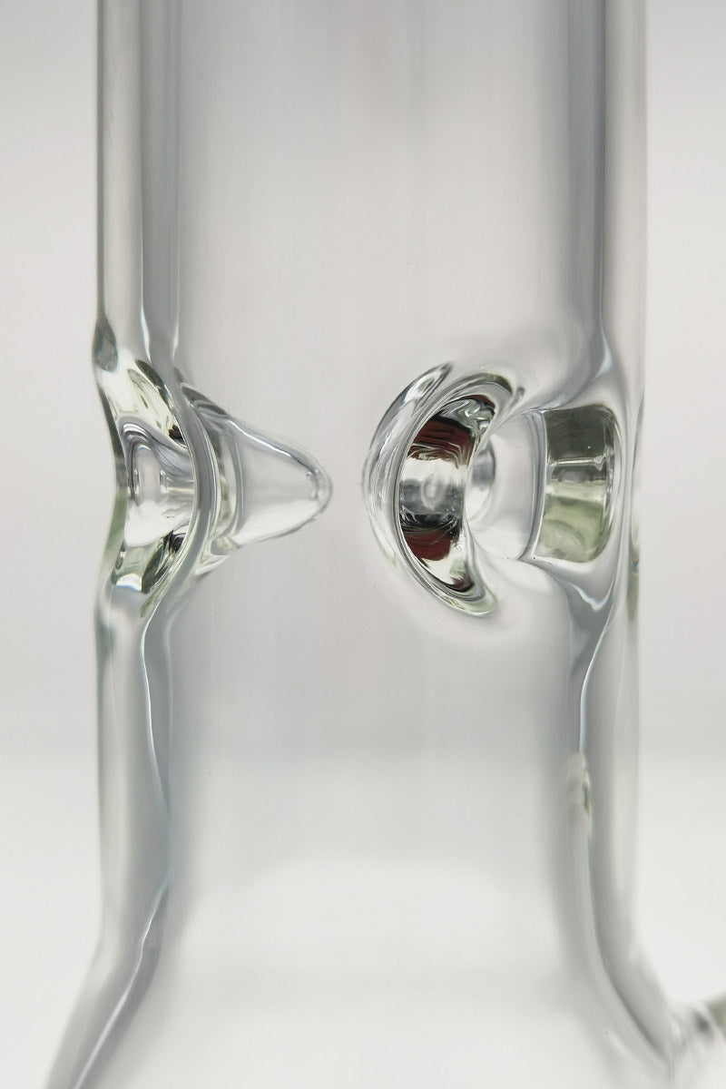 Close-up of TAG 12" Beaker Bong ice catcher detail, 50x7MM thickness, clear glass