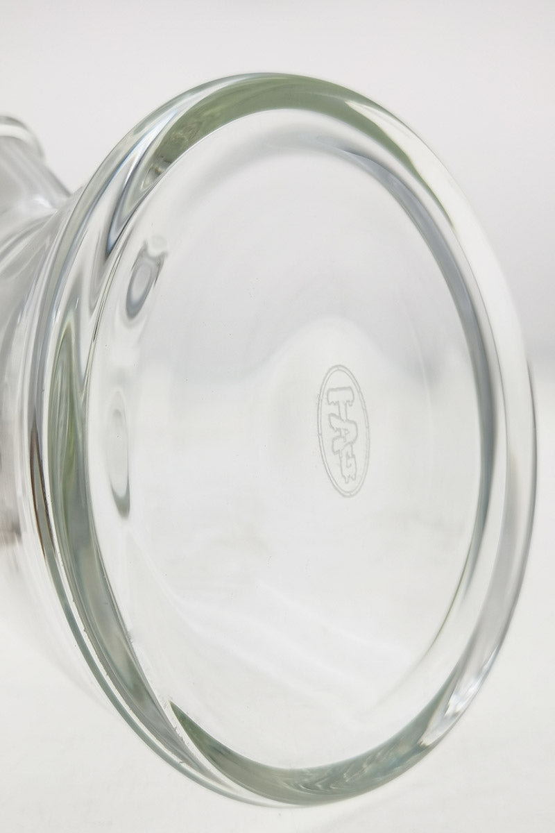 Close-up of TAG 12" Beaker Base showing Thick Ass Glass logo, clear quartz, 50x7MM