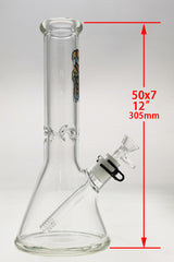 TAG 12" Beaker Bong, 50x7MM Clear Glass, 18/14MM Downstem, Front View on White Background