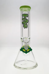 TAG 12" Beaker Bong in Clear Borosilicate Glass with Green Accents, 50x9MM, Front View