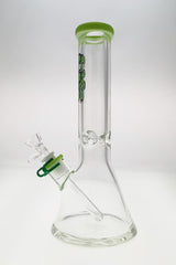 TAG 12" Beaker Bong with Thick Glass and Green Accents, Front View on White Background