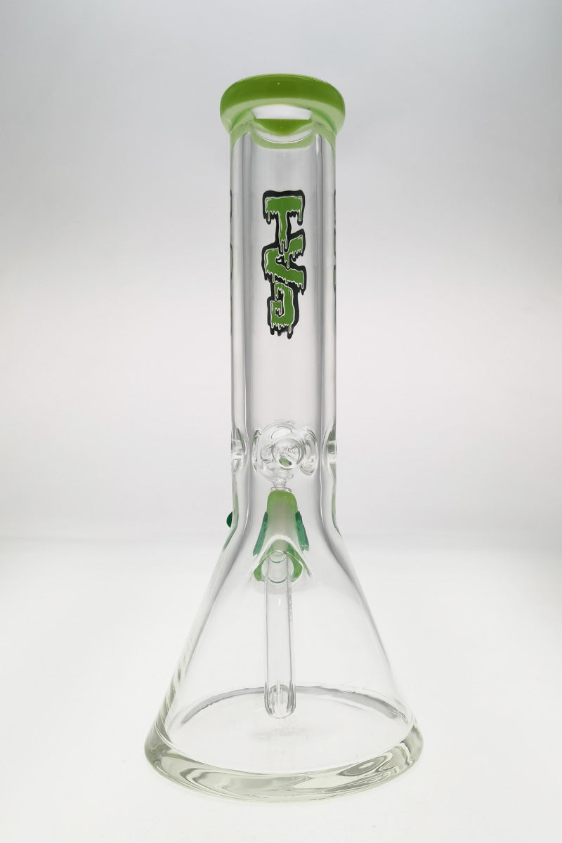 TAG 12" Beaker Bong in clear borosilicate glass with green accents and heavy wall design