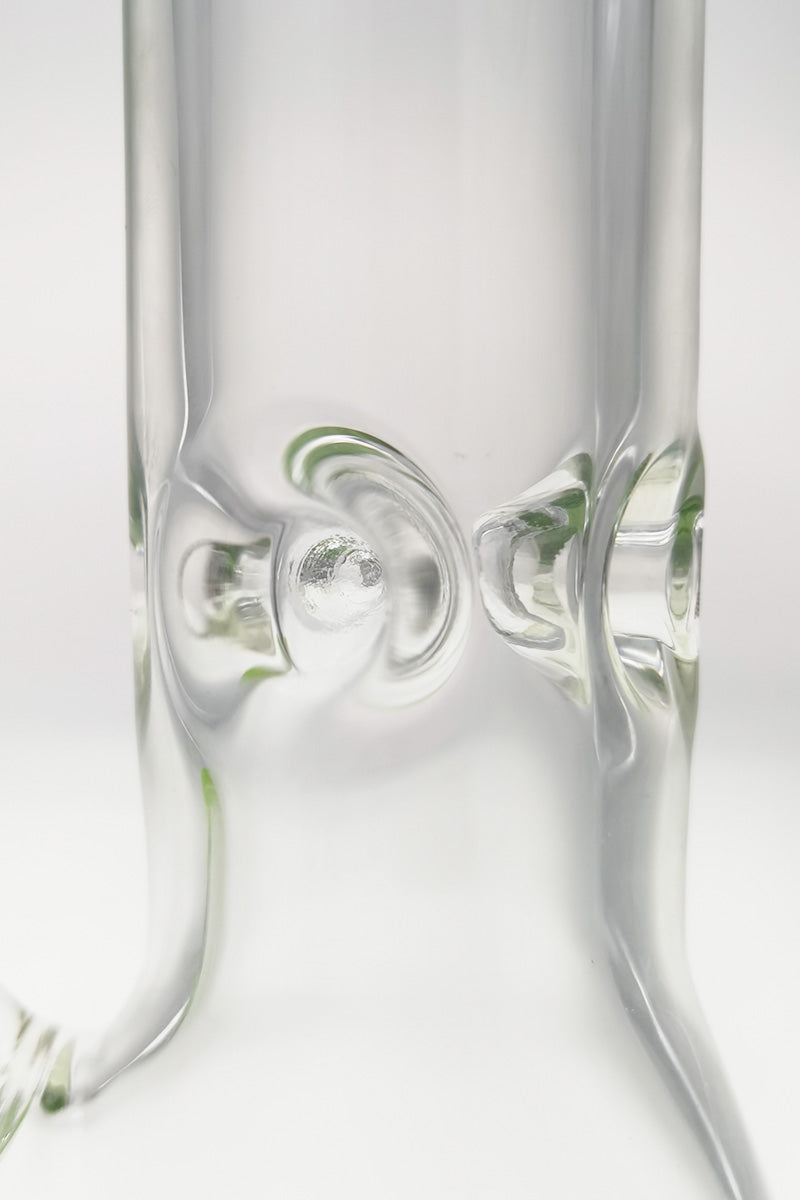 Close-up of TAG 12" Beaker Base with 50x9MM Glass and 18/14MM Downstem, Clear with Green Accents