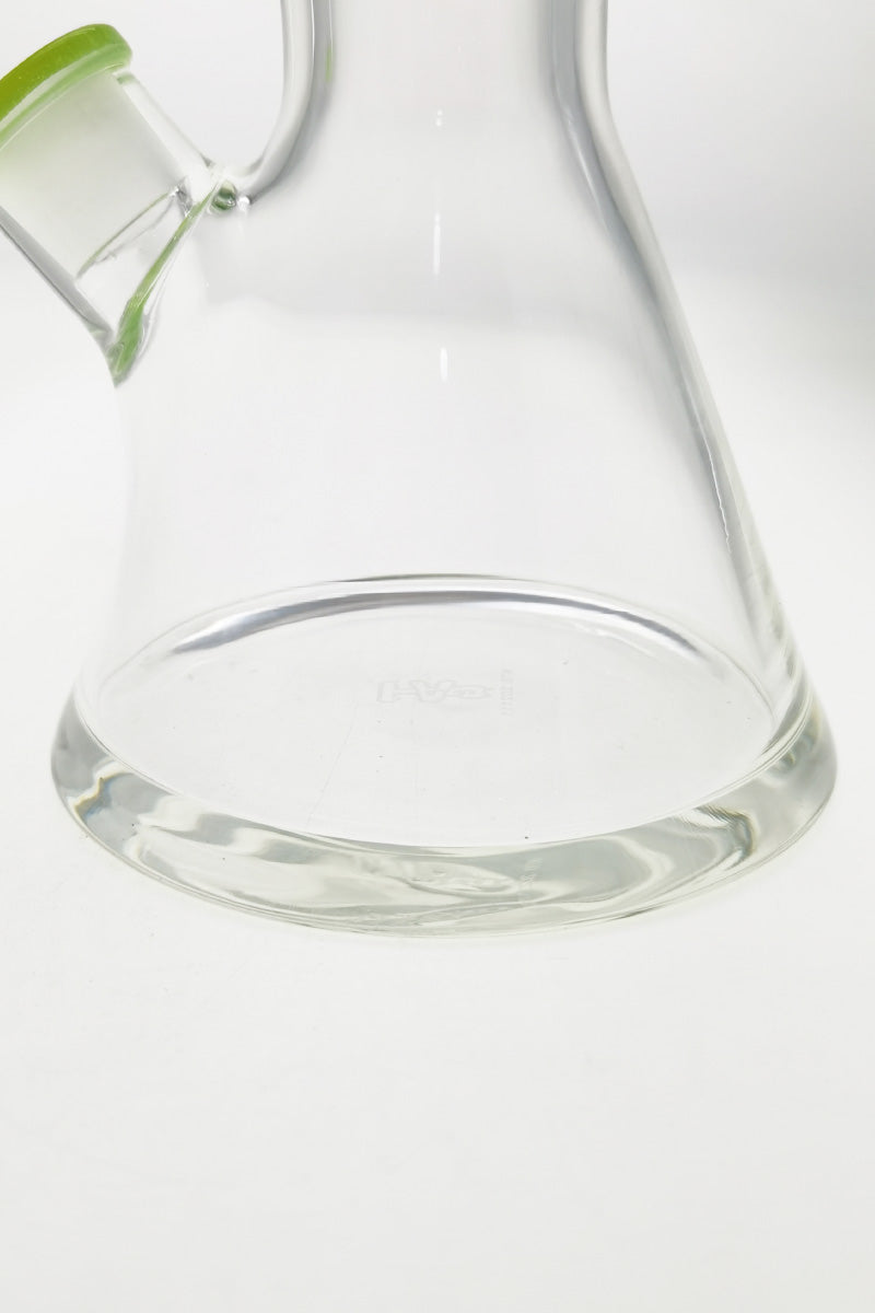 Close-up of TAG 12" Beaker Bong base, 50x9MM thick glass with 18/14MM downstem, clear variant