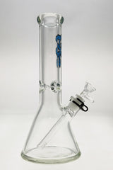 TAG 12" Beaker Bong in Clear Borosilicate Glass with Blue Logo, Heavy Wall Side View