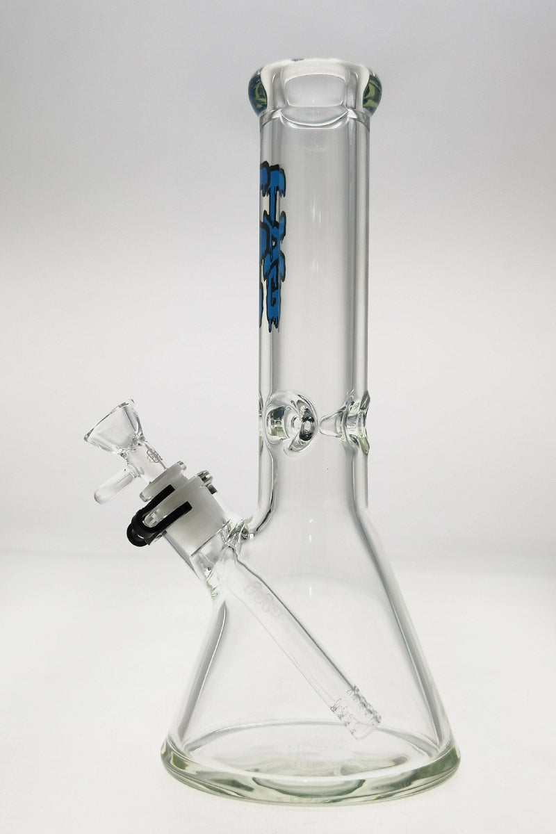 TAG 12" Beaker Bong in clear borosilicate glass with blue logo, 50x9MM, 18/14MM downstem