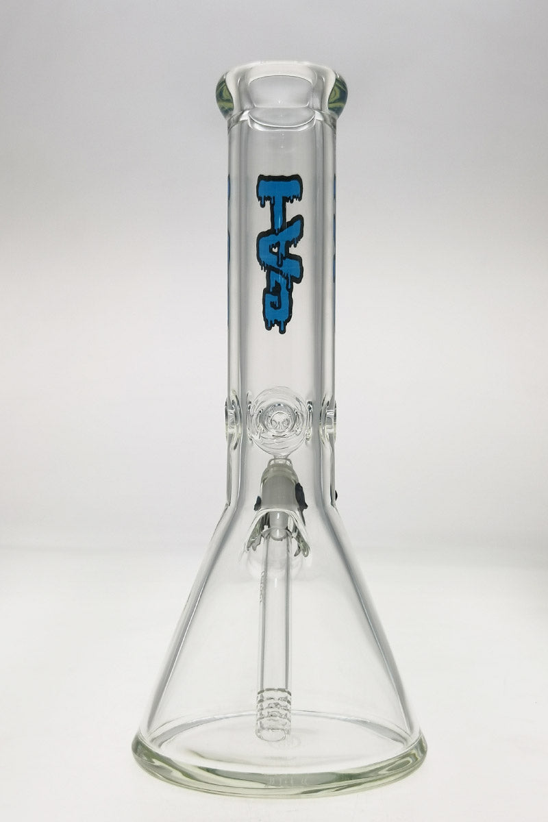 TAG 12" Beaker Bong in clear borosilicate glass with blue logo, 50x9MM with 18/14MM downstem