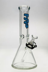 TAG 12" Beaker Bong in Clear Borosilicate Glass with Blue Logo, 18/14MM Downstem, Front View