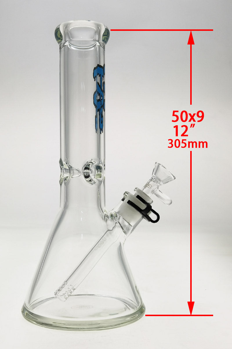 TAG 12" Beaker Bong in Clear Borosilicate Glass with 18/14MM Downstem - Front View
