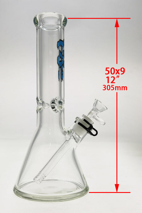 TAG 12" Beaker Bong in Clear Borosilicate Glass with 18/14MM Downstem - Front View