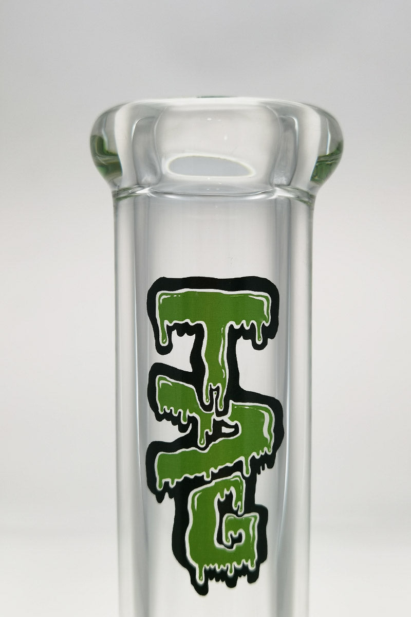 TAG 12" Beaker Bong in Clear Borosilicate Glass with Black Logo, 9mm Thick Side View