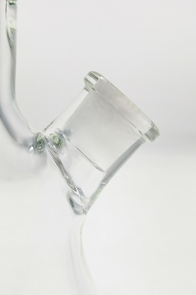 Close-up of TAG 12" Beaker 50x9MM clear glass downstem for bongs, 45-degree joint