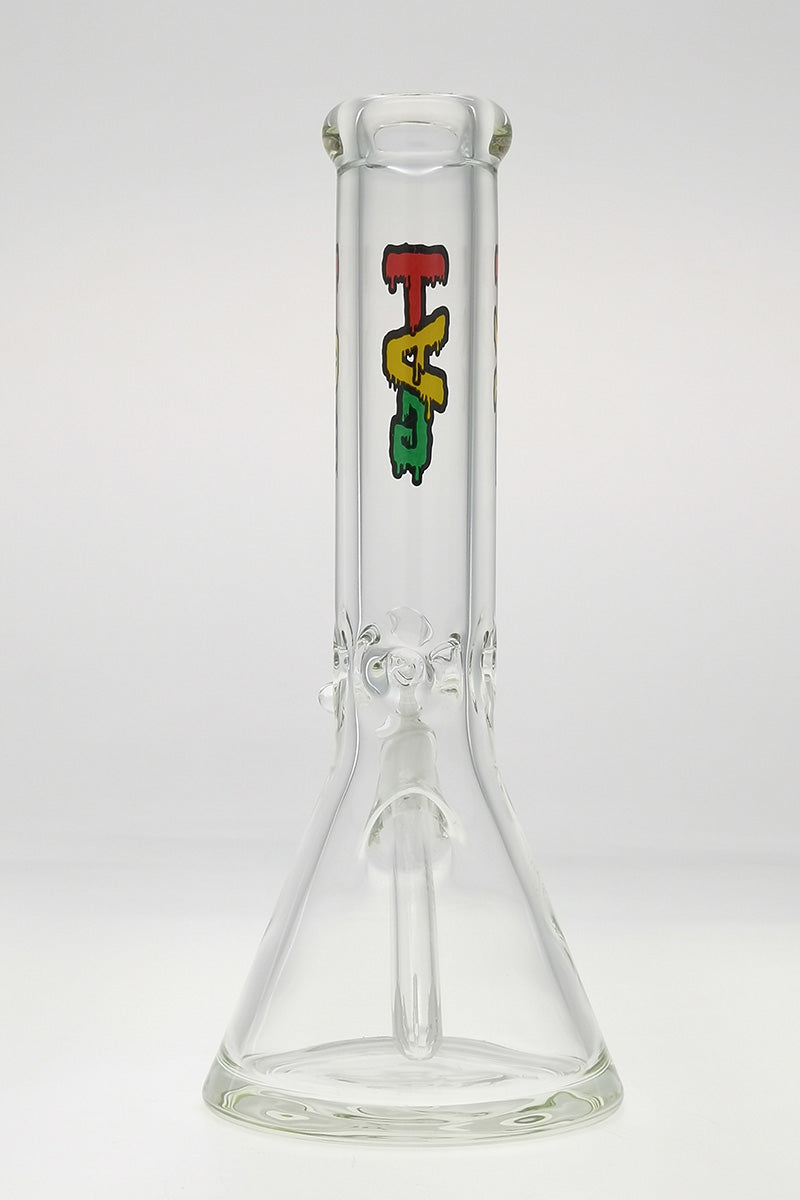 TAG 12" Beaker Bong in Clear Borosilicate Glass with Rasta Logo - Front View