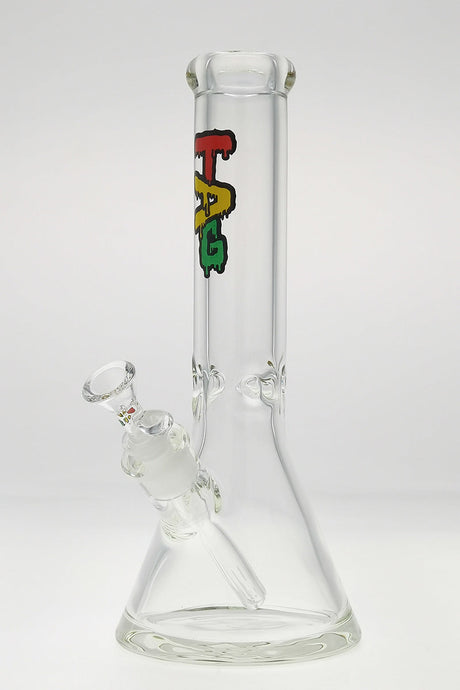 TAG 12" Beaker Bong in Clear Borosilicate Glass with Wavy Rasta Label and 18/14MM Downstem