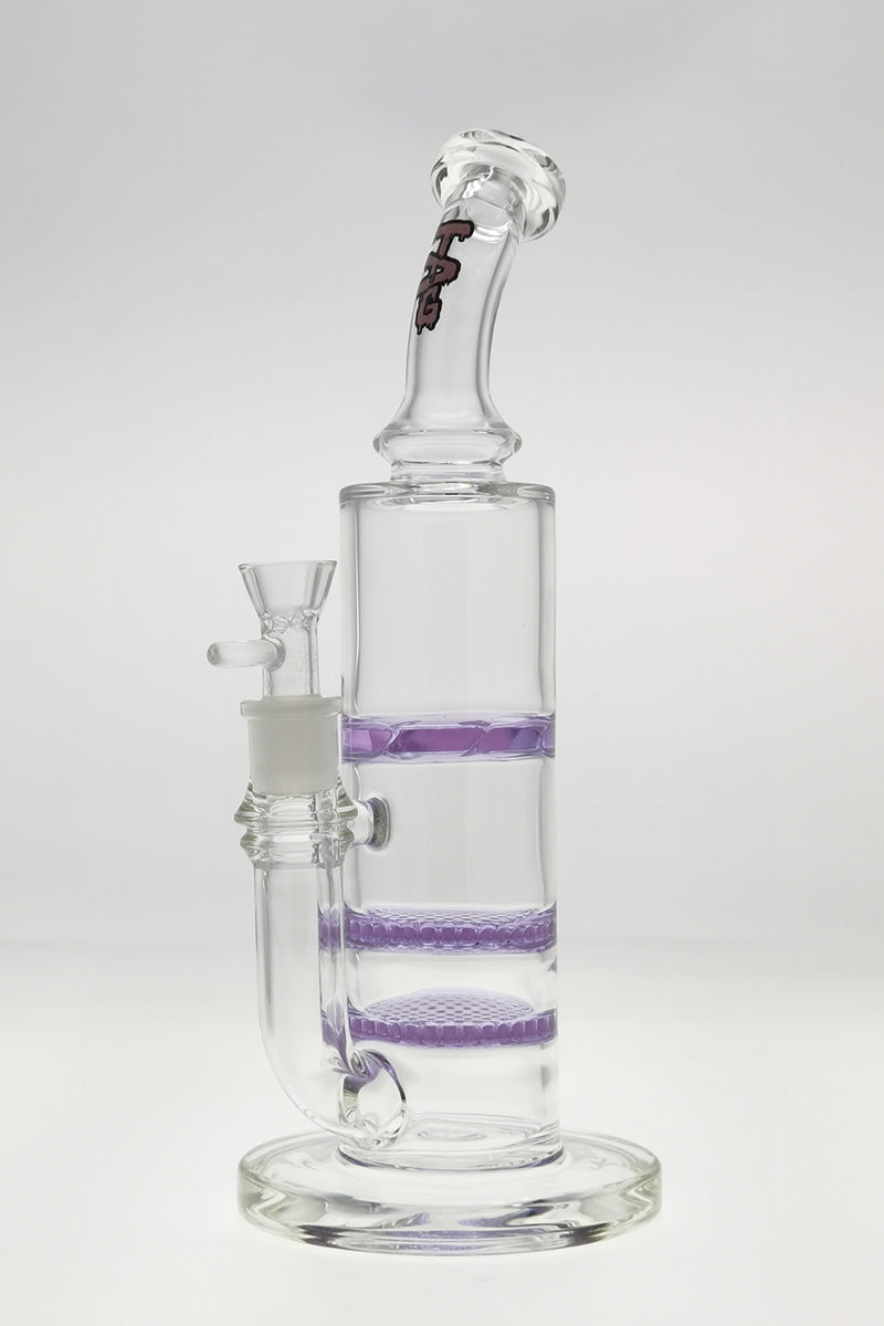 TAG 12" Bent Neck Bong with Double Honeycomb & Spinning Splashguard, Clear with Blue Accents