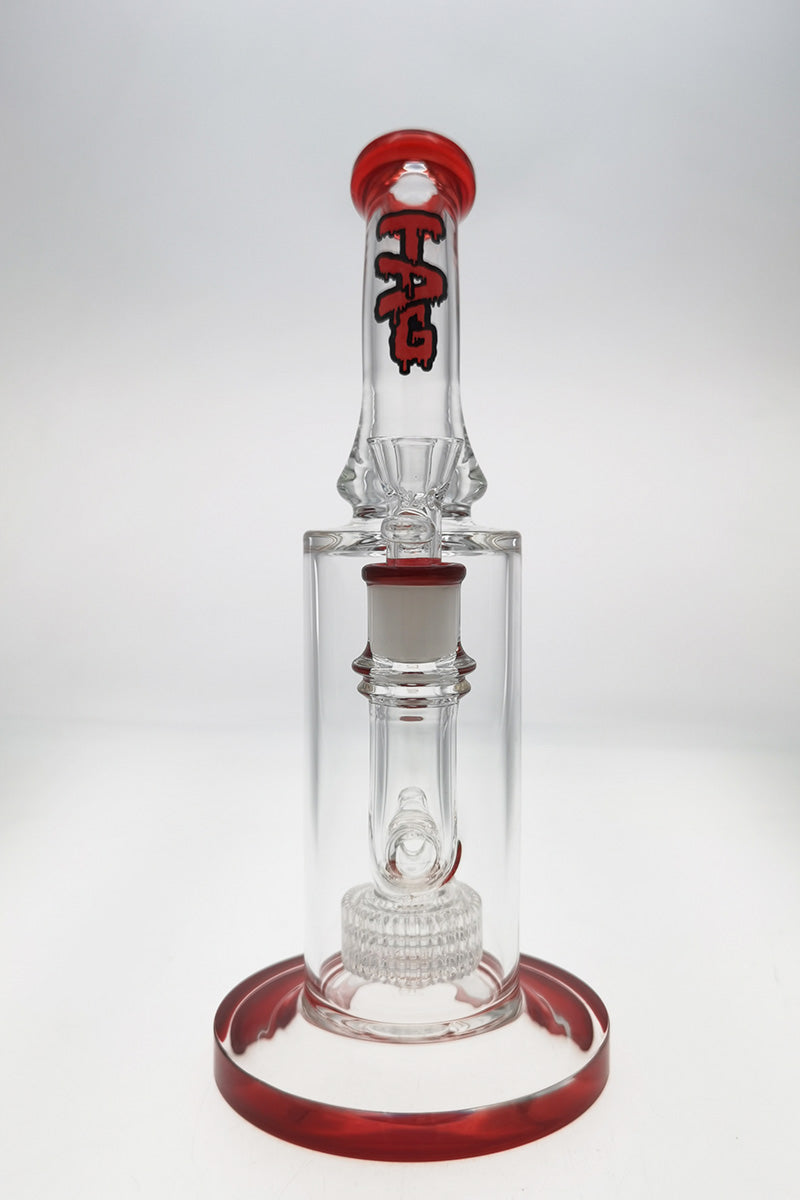 TAG 12" Bent Neck Bong with Super Slit Matrix Diffuser in Clear with Red Accents, Front View