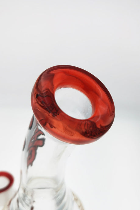 Close-up of TAG bent neck bong with red matrix diffuser and clear body, 12" height, 18MM female joint