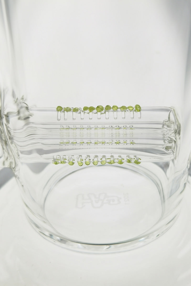 Close-up of TAG 12" Bong with Bent Neck and Triple Inline Diffuser, Clear Glass, 18MM Female