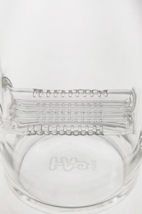 Close-up of TAG 12" Bent Neck Bong with Triple Inline Diffuser, Clear Glass, 18MM Female Joint