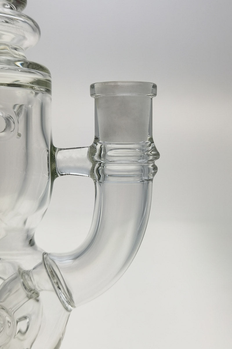 Close-up of TAG 12" Faberge Egg Klein Incycler's 14MM Female joint and clear glass body.